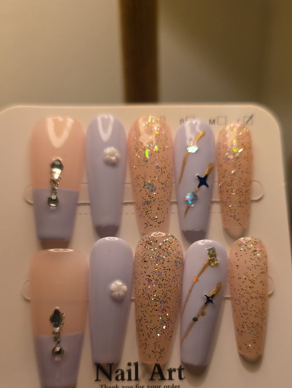 Press-On Nail Set in Pale Pink & Lilac with Glitter Accents Size Large